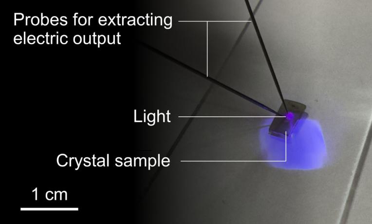 A crystal sample in measurement for bulk photovoltaic effect under violet incident light. Crystal sample